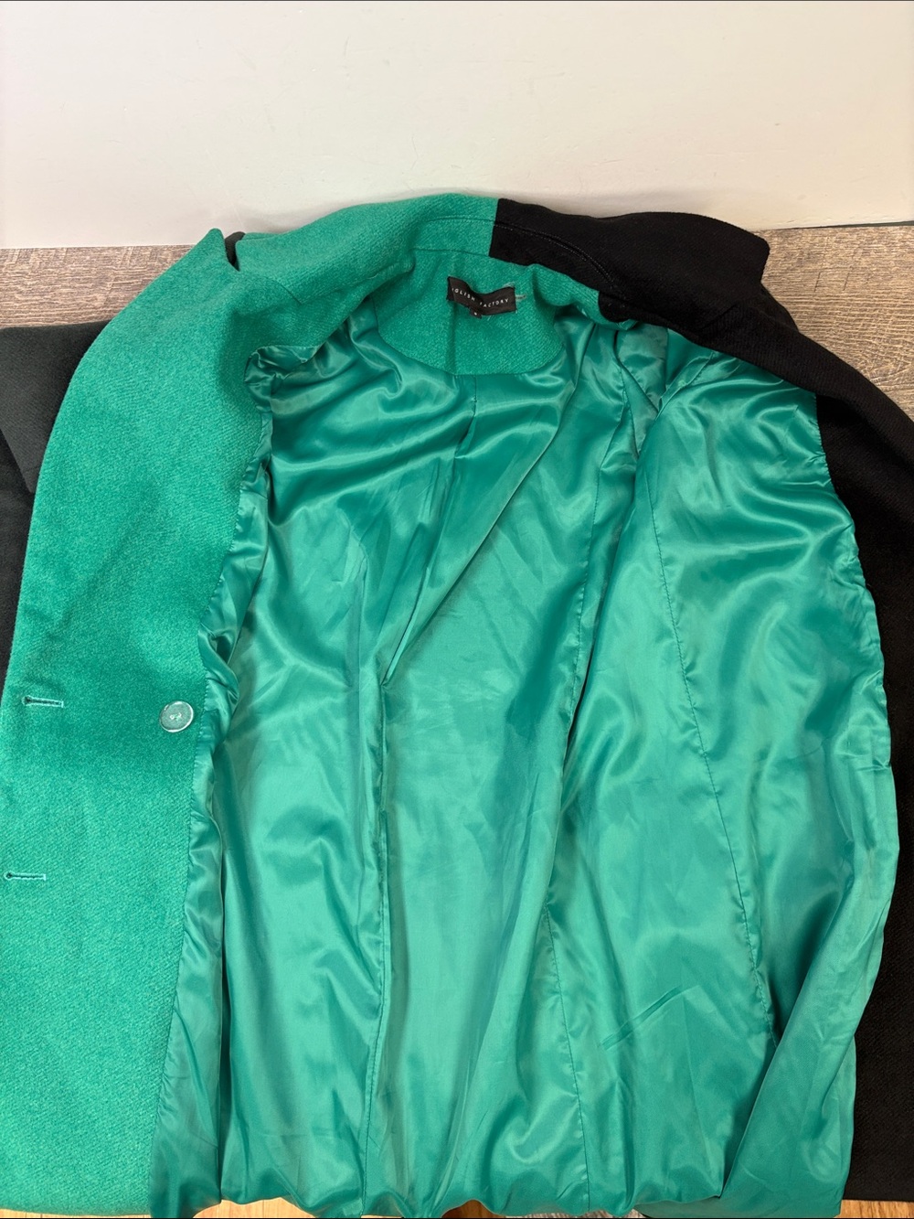 English Factory Colorblock Wool Blend Long Coat Green Black Cream S - Picture 9 of 15